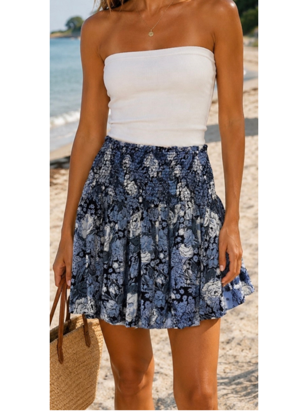 GANNI Blue & White Floral Smocked Mini Skirt Size 6 New Trendy Boho